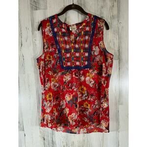 Fig and Flower Sheer Blouse Size Medium Red Floral Blue Crochet Split‎ V-neck